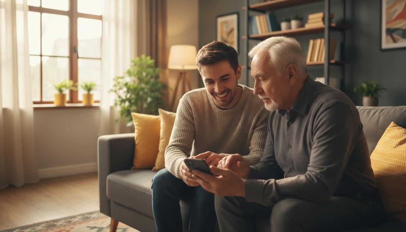 Joven ayudando a adulto mayor con el celular